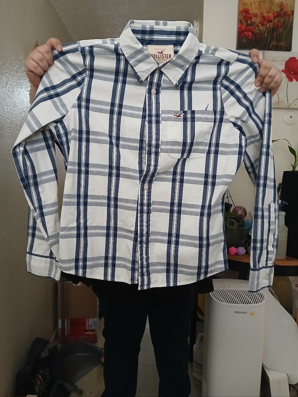 Hollister White and Navy Plaid Button-Down Shirt